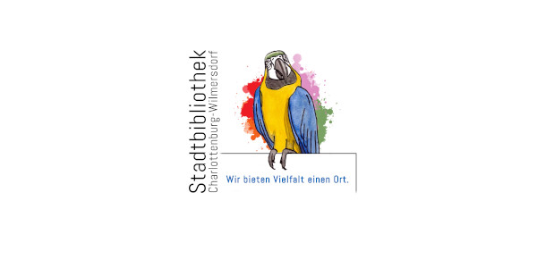 Logo der STadtbibliothek Charlottenburg-Wilmersdorf zeigt einen Papageien, der auf dem Schriftzu der Stadtbibliothek sitzt.