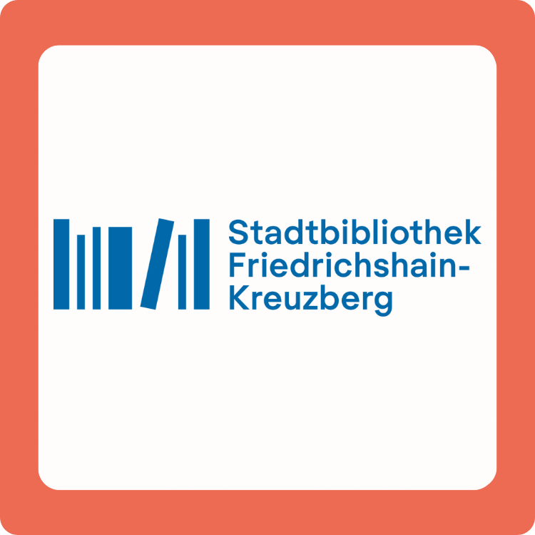 Logo der Stadtbibliothek Friedrichshain-Kreuzberg mit Rand in VÖBB-Rot