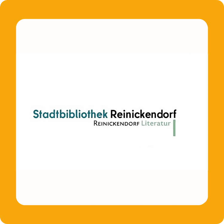 Logo der Stadtbibliothek Reinickendorf mit Rand in VÖBB-Gelb