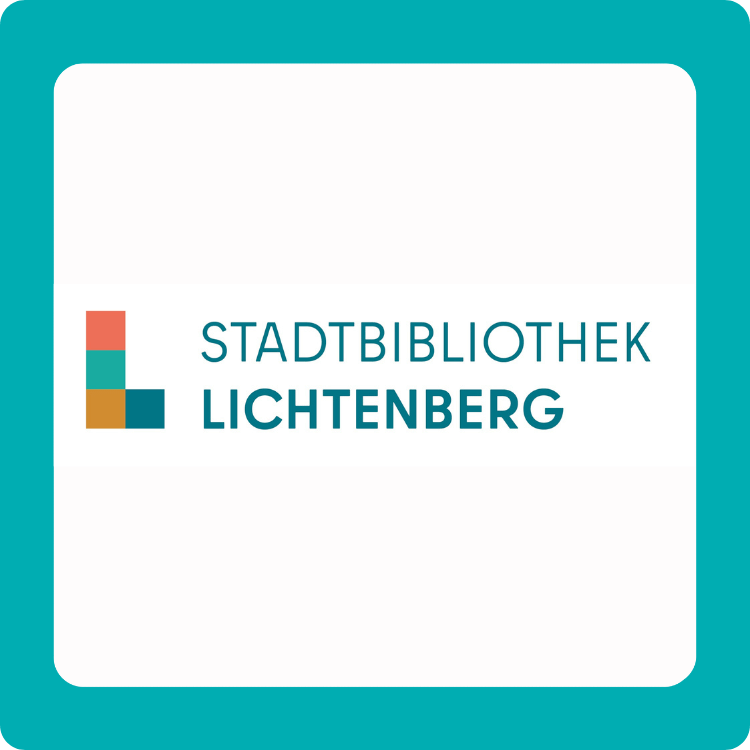 Logo der Stadtbibliothek Lichtenberg mit Rand in VÖBB-Blau