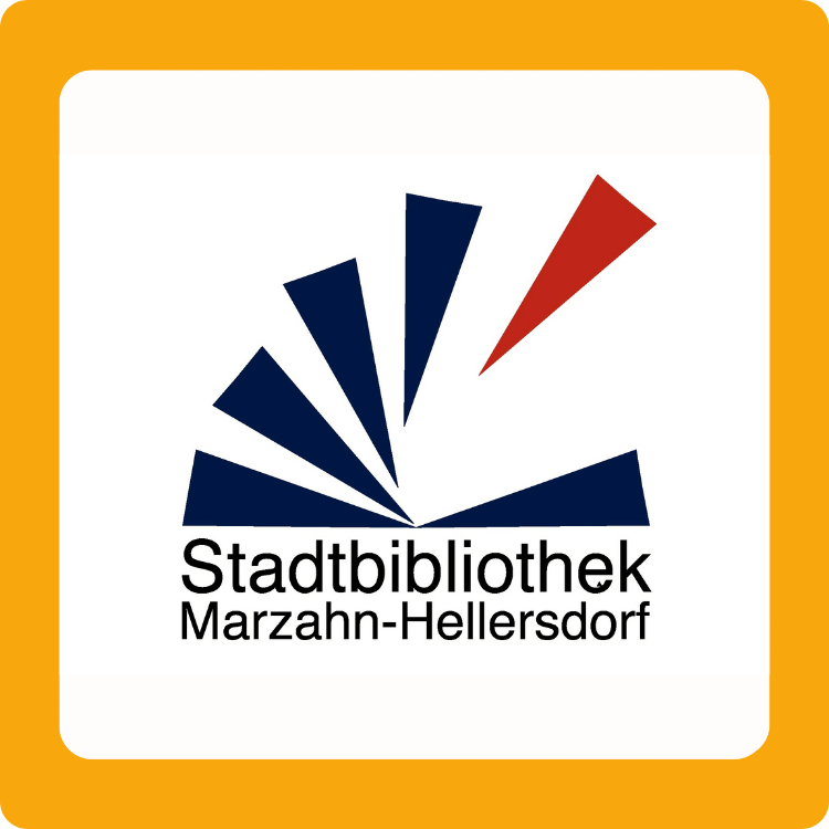 Logo der Stadtbibliothek Marzahn-Hellersdorf mit einem Rand in VÖBB-Gelb