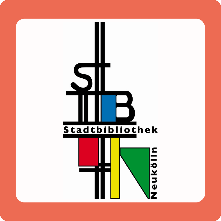 Logo der Stadtbibliothek Neukölln mit einem Rahmen in VÖBB-Rot