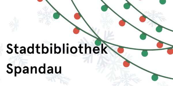 Schriftbild Stadtibiiothek Spandau mit gezeichneter Lichterkette in grün und rot