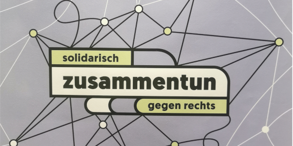 Schriftbild solidarisch gegen rechts zusammentun. Darum ist ein Netzwerk aus Fäden und Punkten.