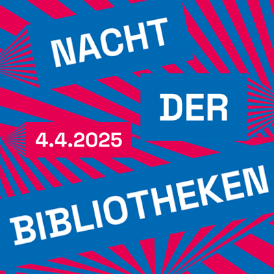 Schriftbild Nacht der Bibliotheken mit dem Datum 4.4.2025 mit an Laser erinnernde Streifen in Blau und Magenta