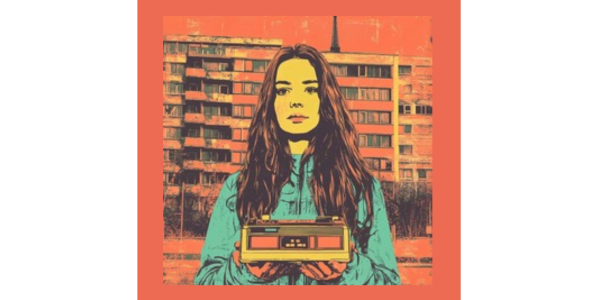 veerfremdetes Foto eine jungen Frau mit langen Haaren, einem alten Aufnahmerecorder in der Hand. Sie steht vor einem Plattenbau